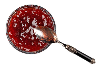 glass bowl and spoon of red berry jam on transparent background. png file