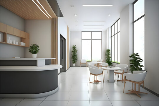3d rendering. Interior hospital modern design . Counter and Waiting area Empty Reception Medical practice concept.4k