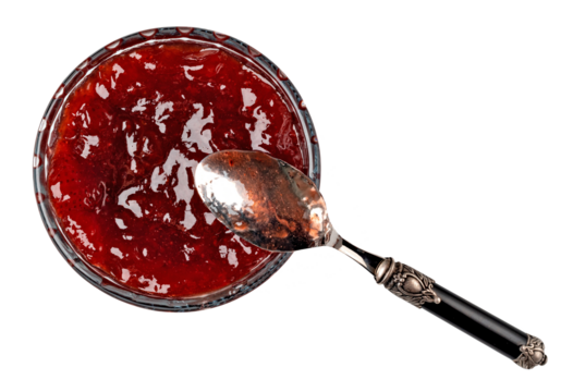 glass bowl and spoon of red berry jam on transparent background. png file