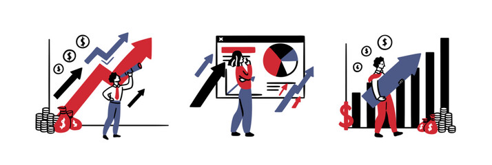 Cartoon Color Characters Business Persons and Finance Growth with Graph, Arrow Concept Flat Design Style. Vector illustration