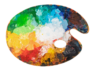 art palette with colorful mixed paints on transparent background. png file