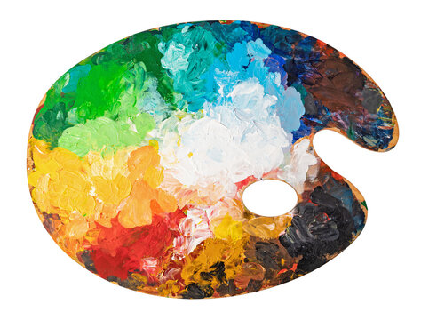 art palette with colorful mixed paints on transparent background. png file