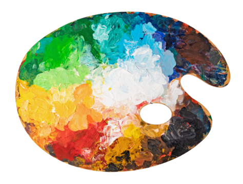 art palette with colorful mixed paints on transparent background. png file