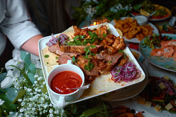 Fried meat with pickled onions and sauce, in the hand of a waiter