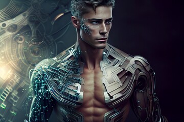 Portrait of futuristic humanlike cyborg man. Generative AI.