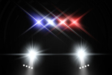 Fototapeta na wymiar Realistic white glow round beams of car headlights, isolated on transparent background. Police car. Light from headlights. Police patrol. 