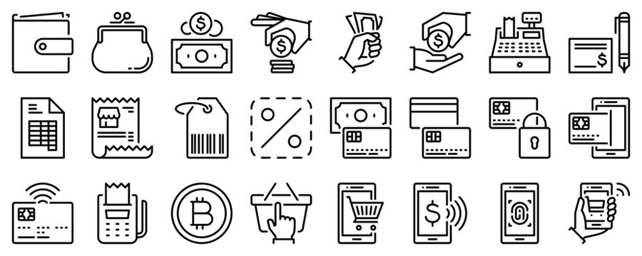 Line icons about payment methods on transparent background with editable stroke.