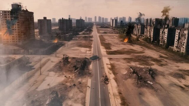 Aerial view of destroyed city and tank on the street 