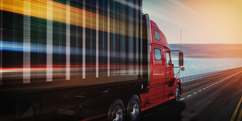 transport truck Running at speed on the road.