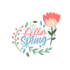 Hello Spring hand drawn colorful lettering phrase logo and vector art flowers.