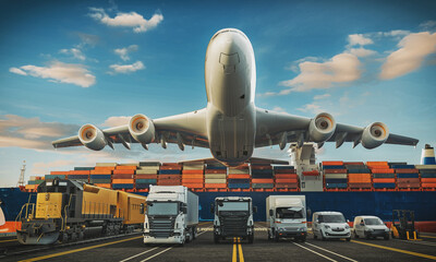 Transport trucks of various sizes ready to ship With a transport plane - obrazy, fototapety, plakaty