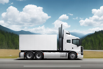 A white truck is driving on the road. Clean and empty space in the side view. Beautiful summer landscape as background, blue sky with clouds, forest and hill. Generative AI.