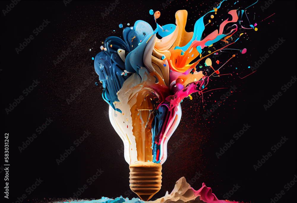 Poster creative light bulb explodes with splashes of multi-colored paint on a dark background. generate ai