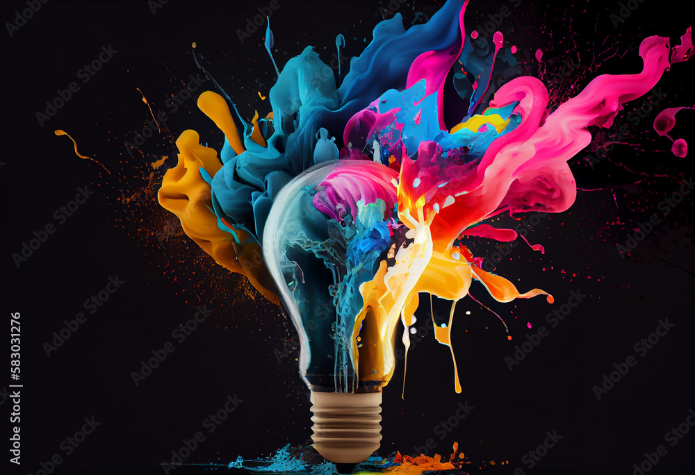 Poster creative light bulb explodes with splashes of multi-colored paint on a dark background. generate ai