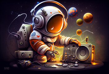 Photo of cartoon spaceman djing. Generate Ai