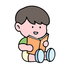 A cute boy character, reading a book, studying and doing homework, isolated on a background, for a back-to-school concept.