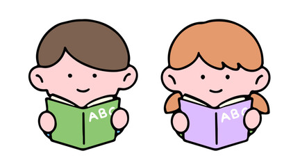 A cute kid character, reading a book, studying and doing homework, isolated on a background, for a back-to-school concept..