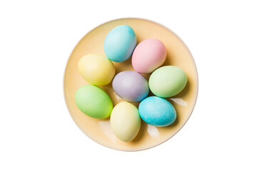 Basket of colorful Easter eggs isolated on white background. Easter basket filled with colored eggs top view holiday concept