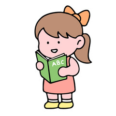 A cute girl character, reading a book, studying and doing homework, isolated on a background, for a back-to-school concept.