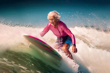 AI illustration of a rad grandma surfing and having fun on the summer waves - obrazy, fototapety, plakaty