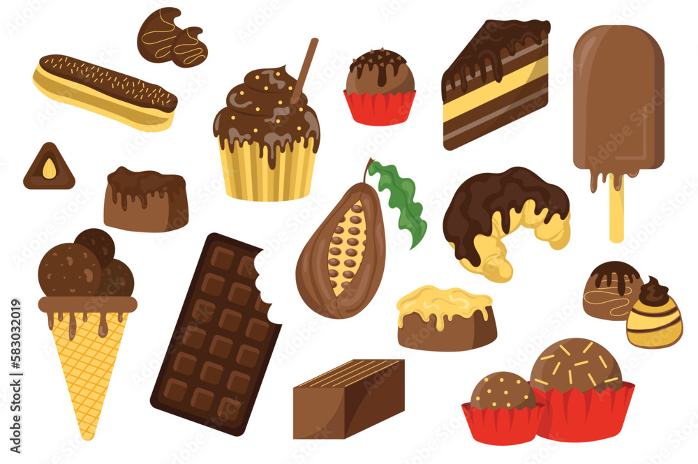 Poster chocolate set icons concept in the flat cartoon design. image of cocoa beans and various confectiona