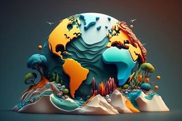 3d colorful bright globe map with nature landscape isolated on clean background. World Earth day concept. Generative AI.