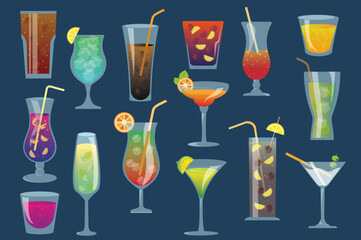 Cocktails set concept in the flat cartoon style on the dark background. Alcoholic and non alcoholic cocktails with various ingredients and in beautiful glasses. Vector illustration.