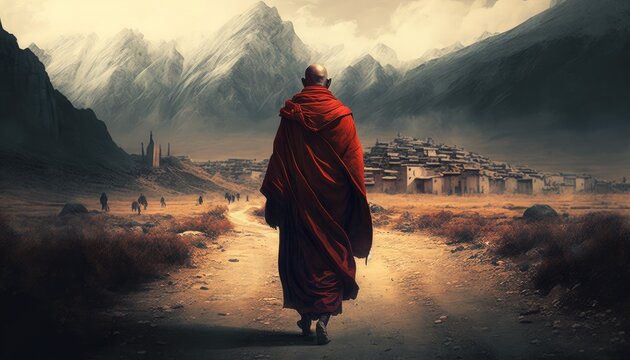 Tibetan monk in red robe walking on path among mountains rear view, beautiful nature landscape of divine sacred concept, monk pilgrim traveling alone outdoor at breathtaking nature view, generative AI