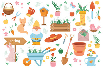 Spring set icons concept in the flat cartoon design. Image of attributes of spring and Easter holidays. Vector illustration.