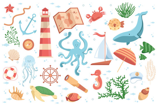 Cute sea adventures elements set concept in the flat cartoon design. Set with the image of sea animals, plants and attributes of sailors. Vector illustration.