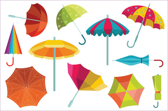 Umbrella set concept in the flat cartoon design. Images of different umbrellas that protect from the sun and rain. Vector illustration.