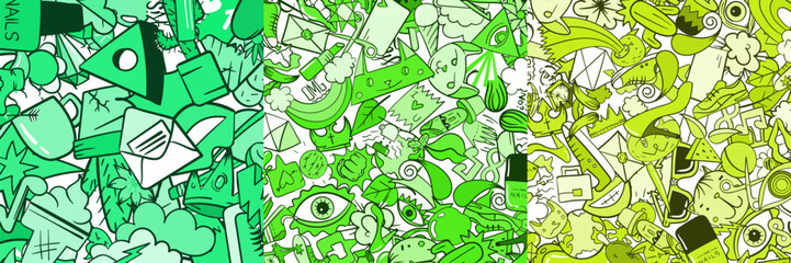 Set of Three Random Elements Background including Flower, Heart, Crown, Cloud, Lips, Mail, Diamond, Eyes. Hand Drawn. Cute Fashionable Patches. Wallpaper.