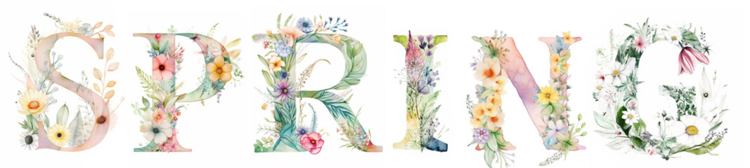 spring, decorative capital letters, watecolor flowers and text