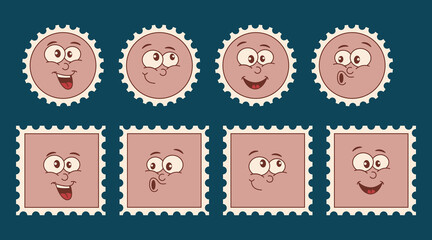  Collection of brand emoticons in vintage style and 70s colors. Vector illustration.