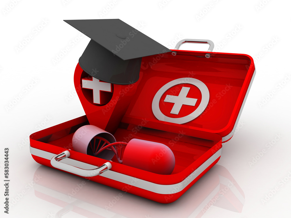 Aufkleber 3d render of dna structure in capsule with hospital navigation with first aid box