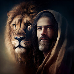 Jesus Christ and the lion of judah, religion and faith of christianity, bibical story, book of Genesis, generative AI
 - obrazy, fototapety, plakaty
