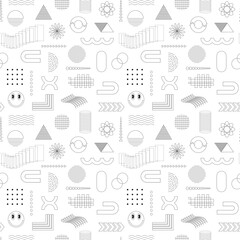 Fototapeta na wymiar Black and white seamless pattern with abstract geometric, linear, outline shapes. Smiling face, circles, rectangles. Brutalism, retro futurism style inspired. For web, covers, textile. Vector backdrop