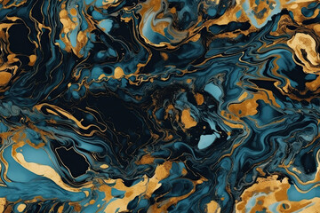 Illustration of Generative AI. Seamless marble surface of blue color with gold and black streaks. Beautiful blue stone texture.