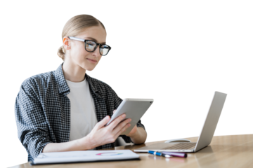 A woman lawyer financier with glasses is strict using a pc computer, transparent background, png, isolated.