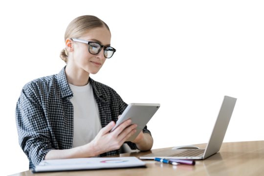 A woman lawyer financier with glasses is strict using a pc computer, transparent background, png, isolated.