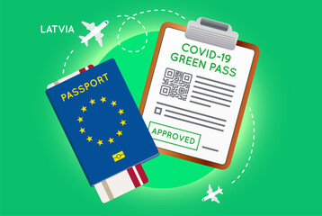 Covid-19 immunity passport with QR code. Vaccination or negative coronavirus test green valid certificate. European Passport with Flight Ticket and Approved Green Pass.