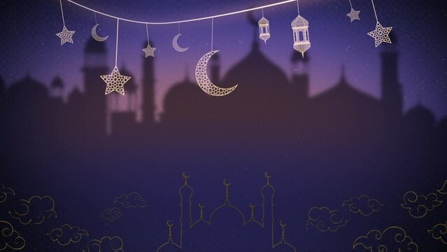 Ramadan Kareem Silhouette soft Background Loop. 3D rendering. Silhouette of Taj Mahal with particle glitter glow and crescent moon on soft background.
