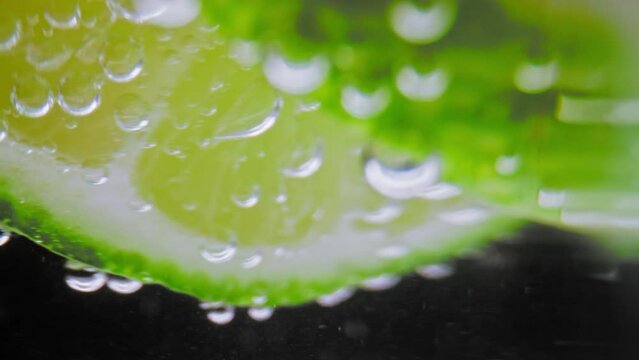 Bubbly Drink and Lime Slices in Glass Cup Close Up. Making Sour Alcoholic Cocktail of Vodka or White Rum at Home on Studio Shot in Macro. Drinking Sparkling Water as Detox Fluid or Pure Mineral Aqua