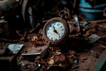 An old and rusty watch lying in the scrap heap. The passage of time. Generative AI