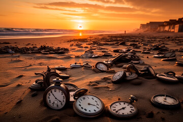 Lots of old and abandoned clocks litter the beach at sunset. The passage of time.  Generative AI - obrazy, fototapety, plakaty