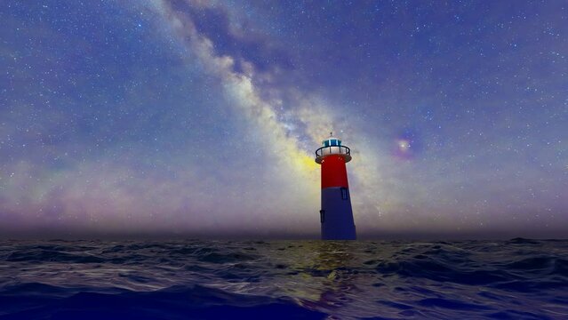 sea lighthouse under the universe galaxy starry sky at night.