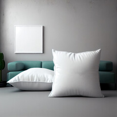 Blank white pillow mockup on a room print, photo, painting, artwork presentation, display. Generative AI