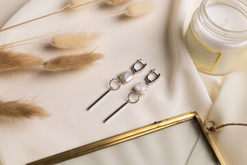 Elegant jewelry set of silver pearl earrings with gem. Jewelry set minimalist style. Handmade...