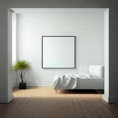 Blank white frame mockup on a wall for print, photo, painting, artwork presentation, display. Generative AI
