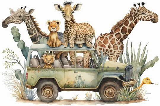 Fototapeta Baby safari animals in jeep illustration generative ai